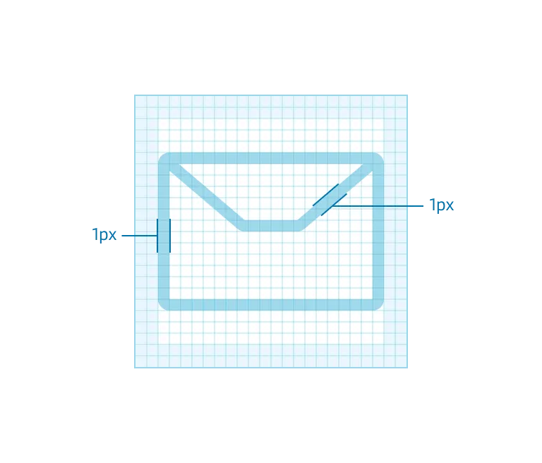 Use a 1px stroke for all icon sizes.