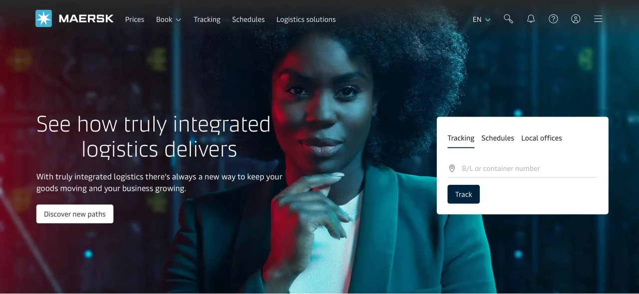 maersk.com uses a link button to highlight the main link “Discover new paths”.